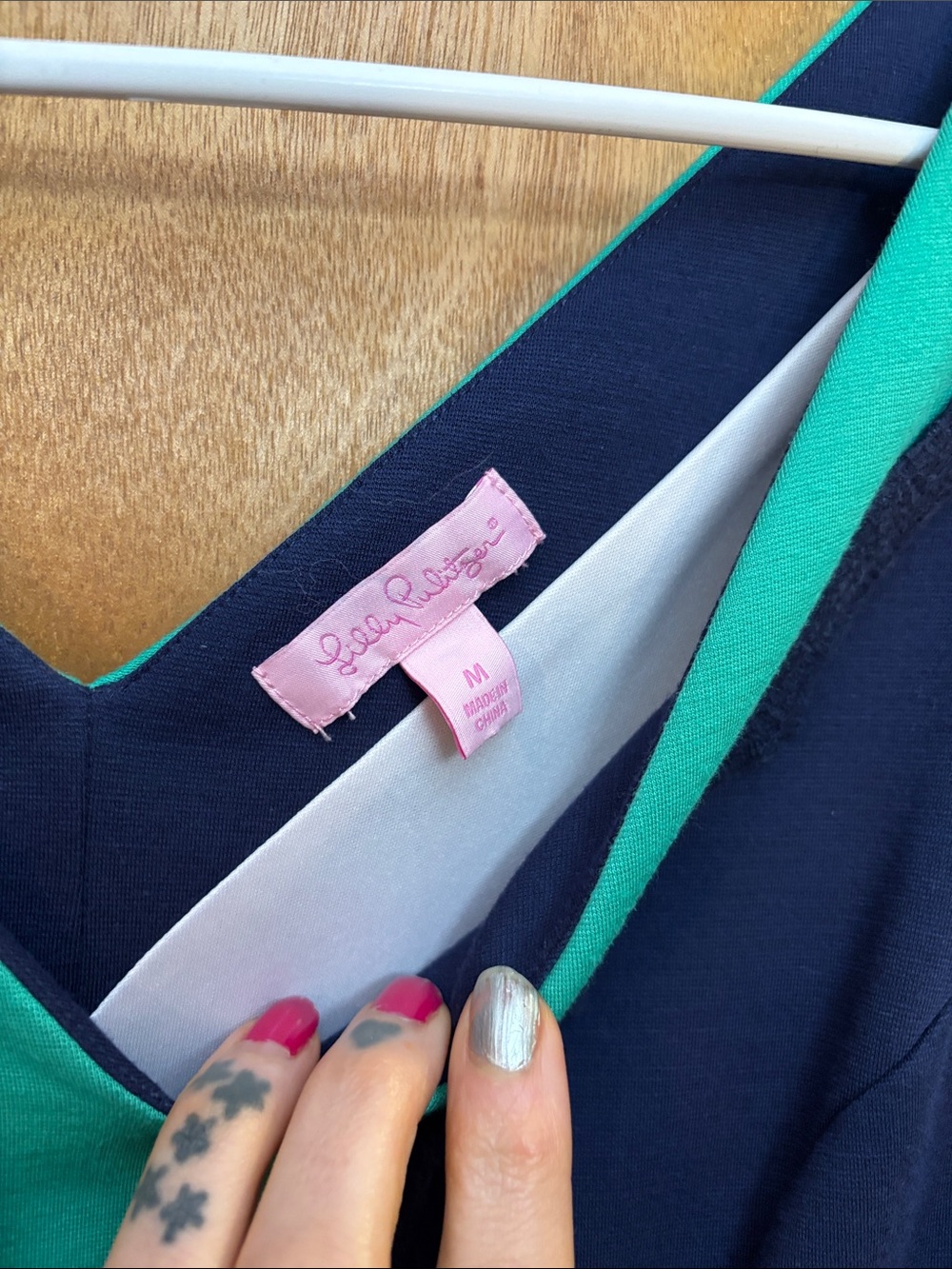 Lilly Pulitzer Navy Dress with Teal Center Panel and Scalloped Trim - Picture 2 of 7
